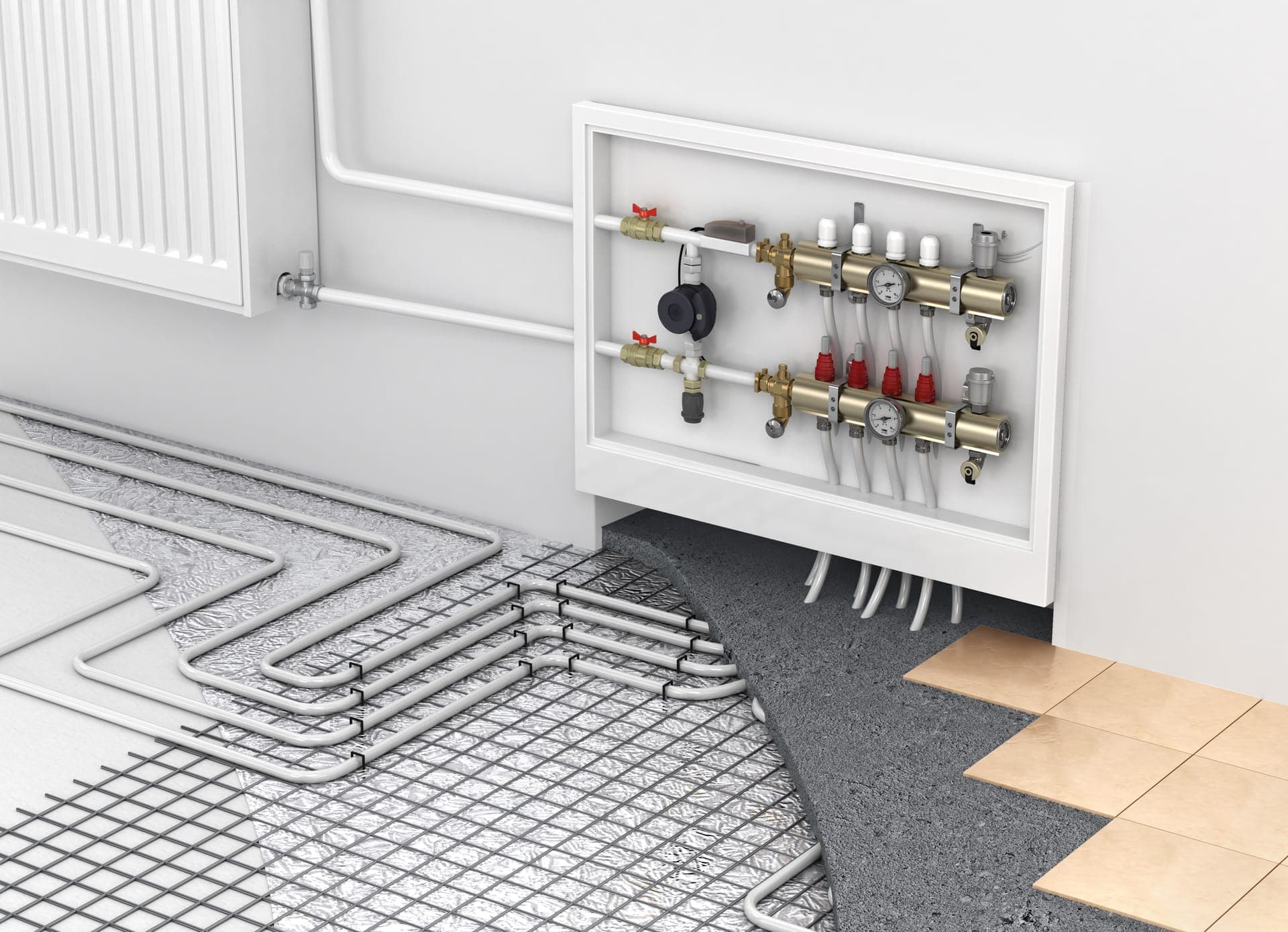 Cutaway illustration of hydronic radiant floor tubing on insulation and wire mesh, piped to a wall-mounted manifold