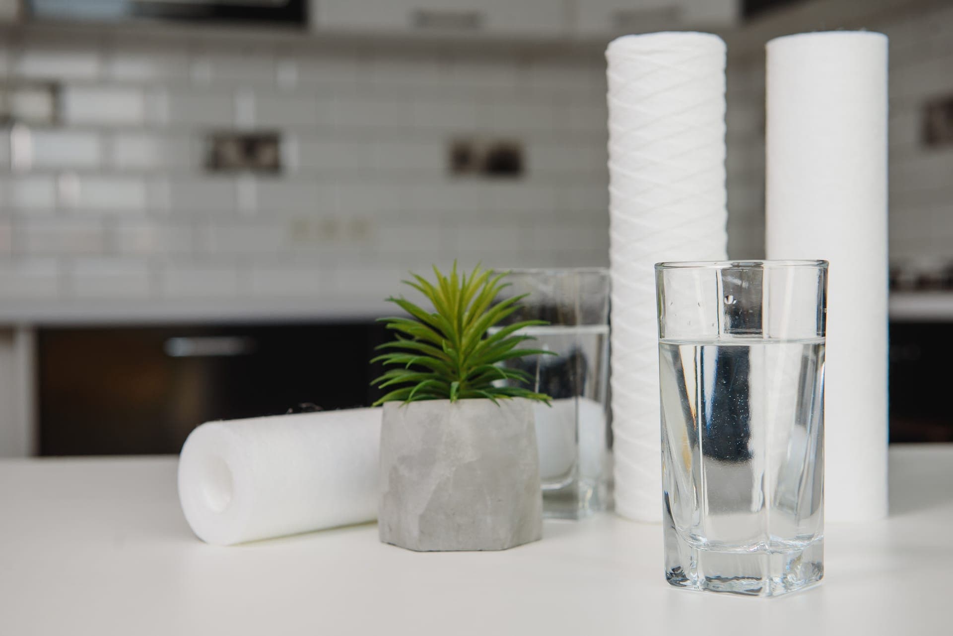Water filter cartridges and a glass of water on a kitchen counter