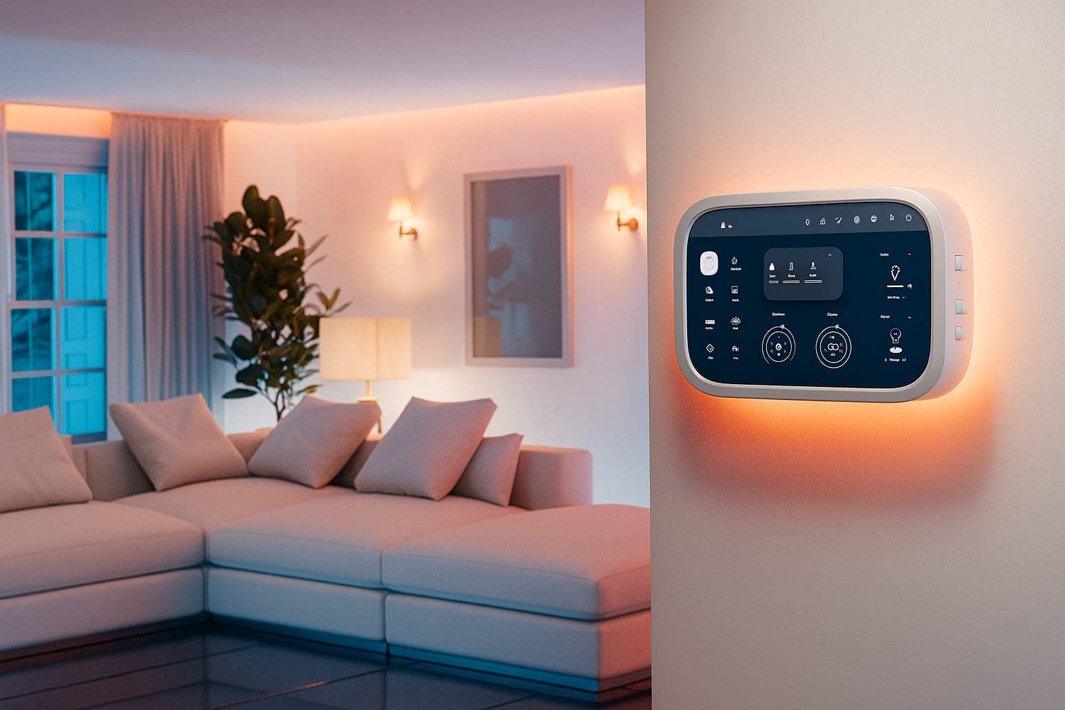 Warm living room with a wall-mounted heating control