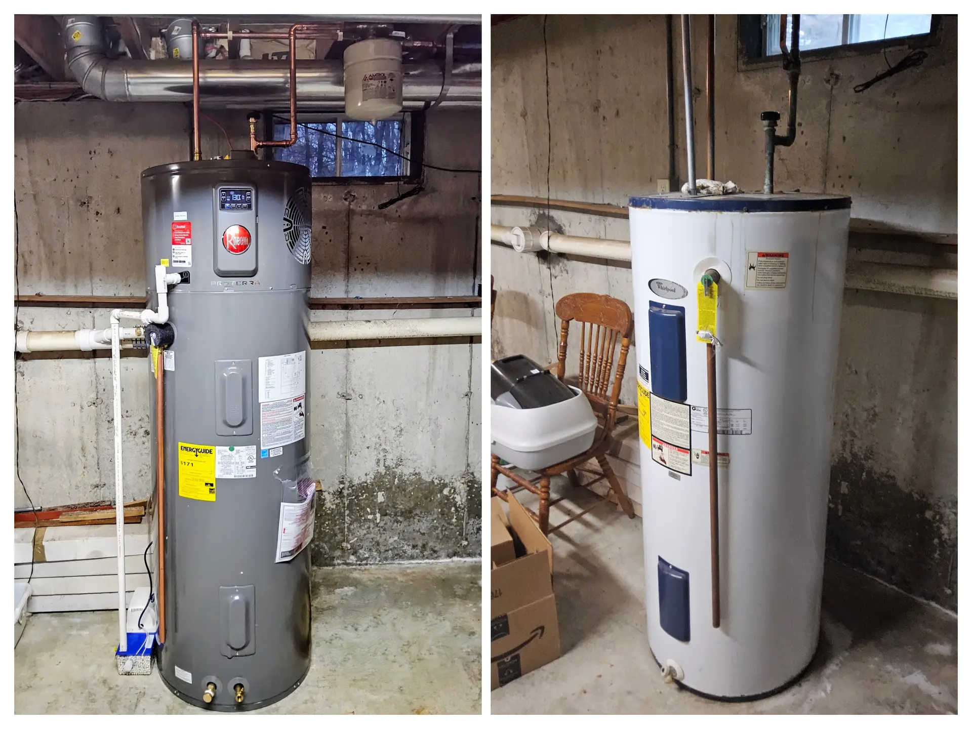 Before and after: aging Whirlpool electric tank replaced with a Rheem ProTerra hybrid heat pump water heater by Jeneral Plumbing