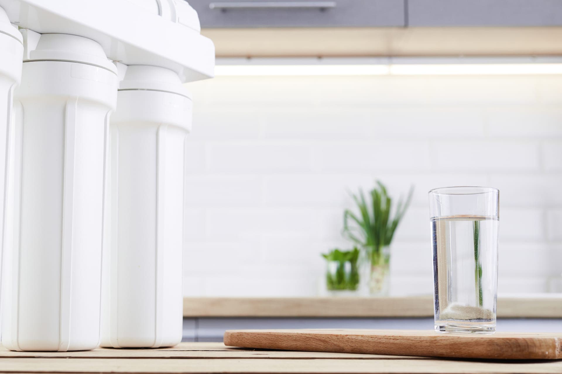 White water-filter housings beside a glass of water